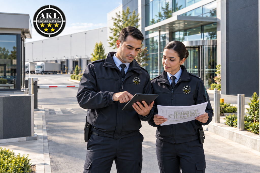 Tesis girişinde saha planını inceleyen AKL VIP logolu üniformalı iki özel güvenlik görevlisi